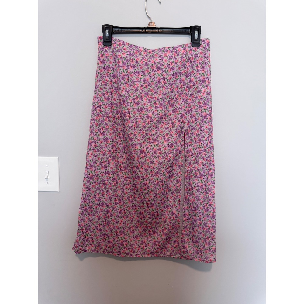 Purple Pink Floral Midi Skirt Side Slit High Waisted Size Medium Rose Print